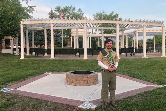 Eagle Scout Presents Town Council with Finished Flag Retirement Fire Pit