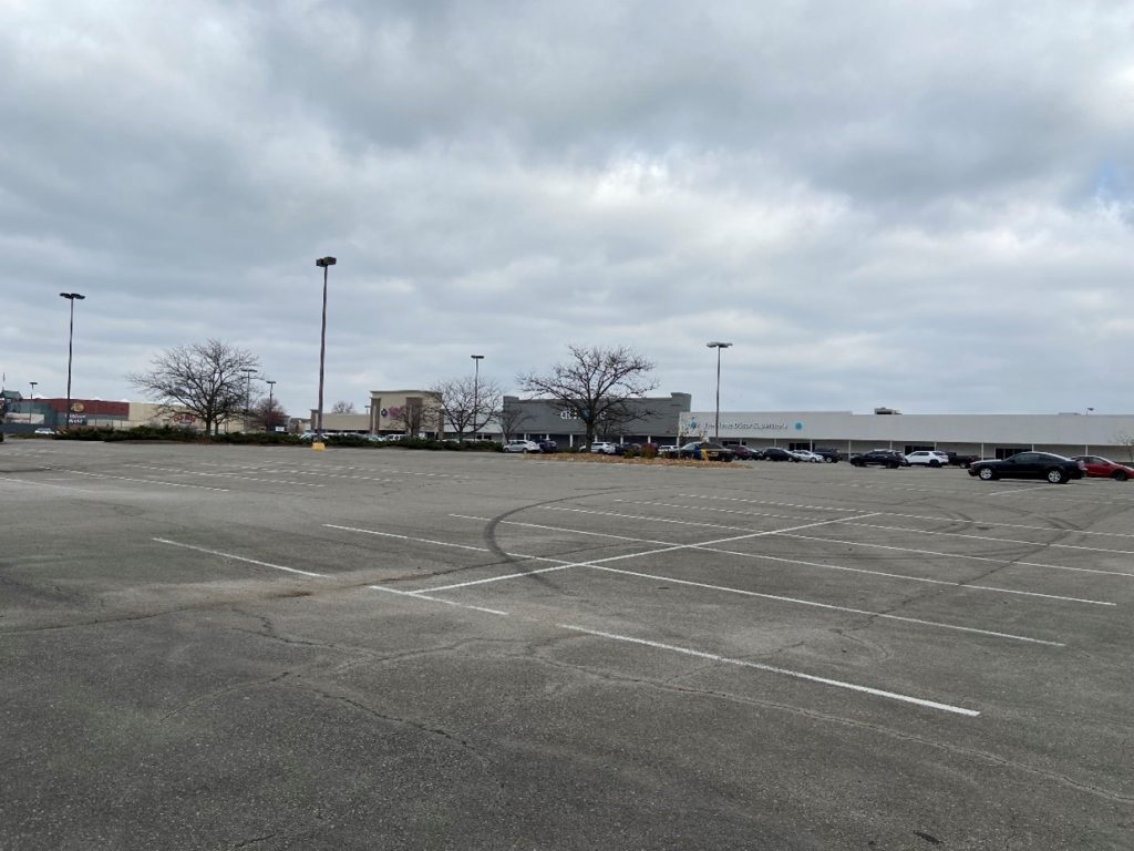 Photo of empty commercial parking lots on Black Friday 2022.