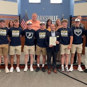 The Providence High School Baseball Team poses with the Clarksville Town Council.